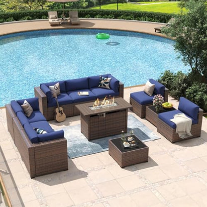 Aoxun 11 Piece Patio Furniture Set with 44" Fire Pit Table Wicker Rattan