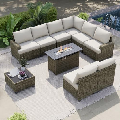 LazySunsets Luxury 10 Piece Patio Furniture Set with Fire Pit Table, Grey
