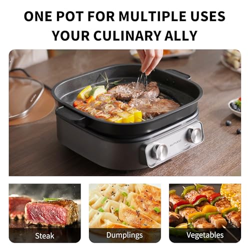 6-Quart Electric Skillet with Grill | Non-Stick PFOA-Free Ceramic-Coated Pot, 1600W, Timer & 3 Power Settings for Steak, Egg, Ramen (Includes Tongs) Pot & Grill