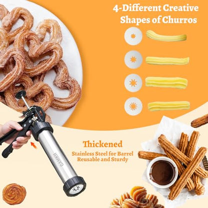 GAMKII Churro Maker Machine Stailness Steel Churrro Gun Kit with 4 Discs for Hollow Churro,5 Cookies Discs, 6 Icing Piping Nozzle, Piping Bag, 2 Clean Brushes for Cake Dessert DIY Maker Cookie Press