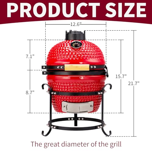 Outvita 13" Round Kamado Charcoal Grill, Portable Ceramic Barbecue Grill with Thermometer for Variations on Cooking Methods(Red)