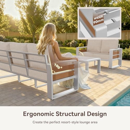 Aoxun Aluminum Patio Furniture Set, 4 Seats Luxury Metal Patio Conversation Sets with Coffee Table, Thick Cushions and Waterproof Cover, Sectional Outdoor Furniture Set for Backyard/Poolside, Beige