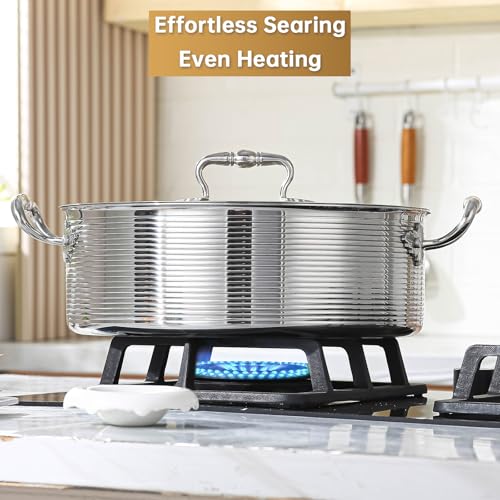 DELARLO Tri-Ply Stainless 7QT Braiser Pan With Steel Lid,Induction Saute pan Cooking Pot,Jumbo Cooker Deep Frying Pan 12 Inch,Dishwasher and Oven Safe,Compatible With All Cooktops Up to 650℉