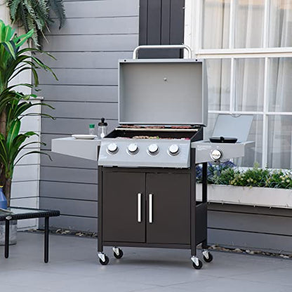 Outsunny 4 Burner Propane Gas Grill with Side Burner, 48,000 BTU Steel Outdoor Barbecue Grill with Cabinet, Shelf, Warming Rack, Thermometer, Wheels, Silver