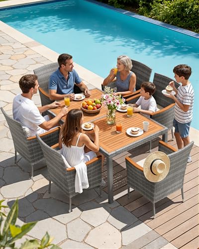 Flamaker 7 Piece Patio Dining Set Outdoor Acacia Wood Table and Chairs with Soft Cushions Wicker Patio Furniture for Deck, Backyard, Garden (Grey)