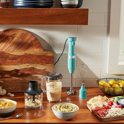 KitchenAid Variable Speed Corded Hand Blender with Blending Pitcher, Whisk and Chopper Attachments, KHBV83AQ, Aqua Sky