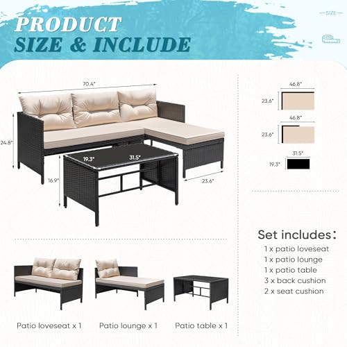 Greesum 3 Piece Patio Furniture Set Outdoor Wicker Sectional Sofa,Beige