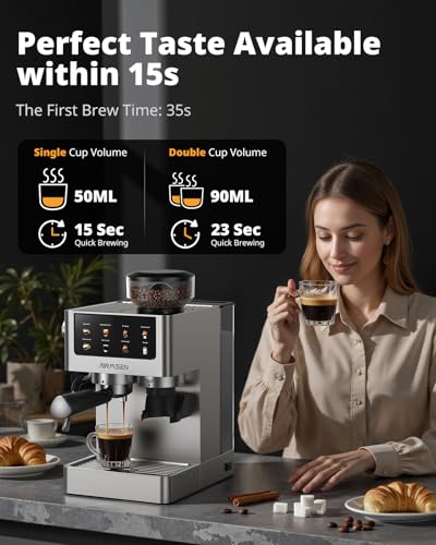 AIRMSEN Espresso Machines with Burr Grinder, 20 Bar, Milk Frother Steam Wand, Stainless Steel Coffee Maker for Home - Cappuccino Latte & Cold Brew Iced Coffee Maker & Americano