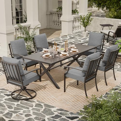 ASJMR 7 Piece Outdoor Dining Set for 6, Metal Patio Table and Chairs with Cushions, Patio Furniture Set with 2 Swivel Chairs, Rectangular Patio Dining Table with Umbrella Hole, Lawn Deck, Yard-Grey