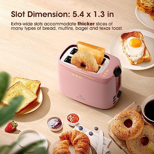 iSiLER 2 Slice Toaster, 1.3 Inches Wide Slot Bagel Toaster with 7 Shade Settings and Double Side Baking, Removable Crumb Tray, Defrost Cancel Function Pink
