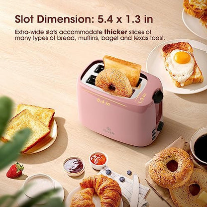iSiLER 2 Slice Toaster, 1.3 Inches Wide Slot Bagel Toaster with 7 Shade Settings and Double Side Baking, Removable Crumb Tray, Defrost Cancel Function Pink