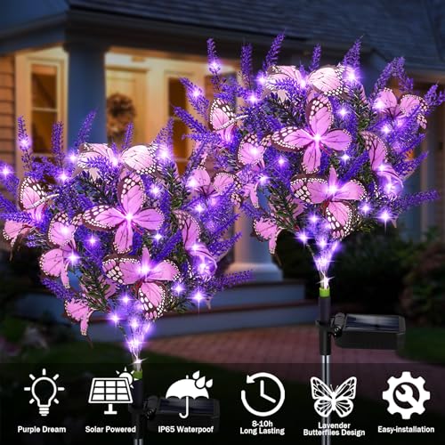 Solar Garden Lights Outdoor, 2 Pack Purple Lavender Solar Butterfly Lights Gardening Gifts for Women,Artificial Flowers Light Purple Halloween Garden Decor for Patio Yard Lawn Christmas