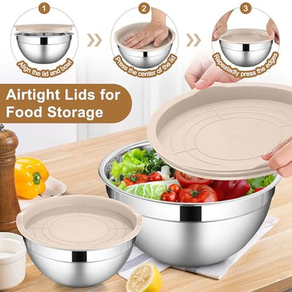 LIANYU 6 Piece Mixing Bowls with Lids Set, Size 7 & 3.5 & 2.5 & 2 & 1.5 & 1QT, Stainless Steel Cooking Serving Bowls, Metal Kitchen Nesting Bowl for Prepping & Food Storage, Dishwasher Safe, Khaki
