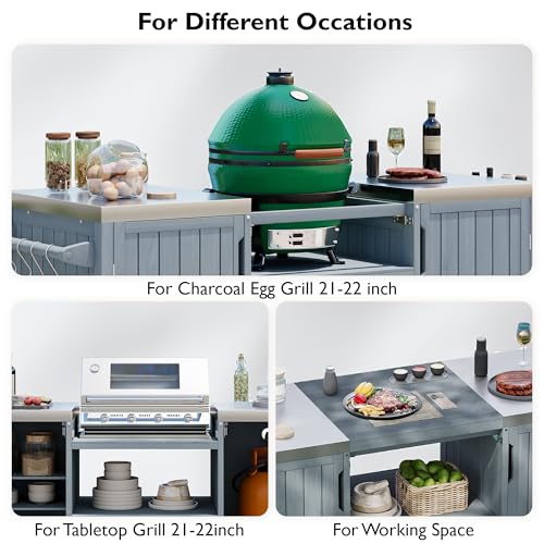 Amposei Outdoor Grill Cart Table for Large Big Green Egg Accessories 66.5’’ Solid Wood Kitchen Storage Island Prep Station with Stainless Steel Top for BBQ, Grey Blue
