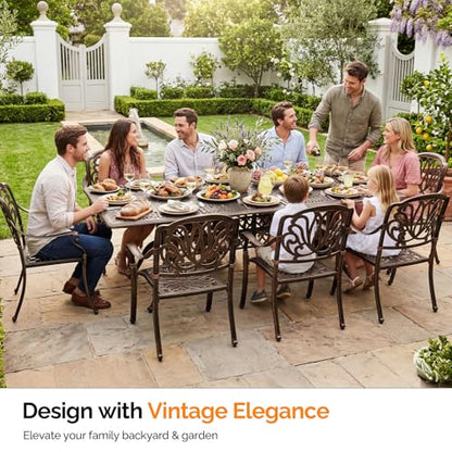 VINGLI 9-Piece Cast Aluminum Outdoor Dining Set for 8, Rectangular Patio Table with Umbrella Hole & 8 Stackable Chairs, All-Weather Garden/Poolside Furniture