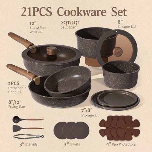 CAROTE 21PCS Pots and Pans Set Non Stick with Detachable Handle, Nonstick Cookware Sets, Cooking Kitchen Set, Oven/Dishwasher Safe, Induction Cookware, Brown, RV Kitchen Pot and Pan