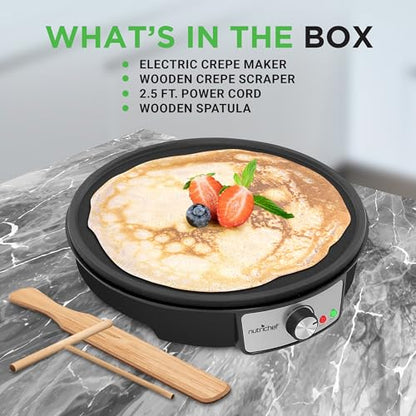 Nutrichef Electric Crepe Maker Pan & Griddle - 12 Inch Nonstick Cooktop, LED Indicators & Adjustable Temperature Control, Includes Spatula, Batter Spreader, Cooks Crepes, Roti & Pancakes