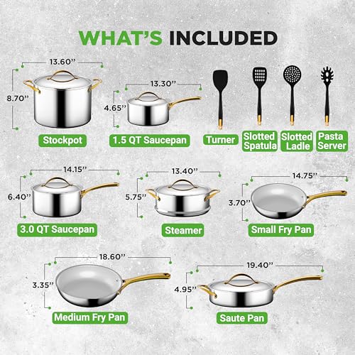 NutriChef 16 Piece Stainless Steel Cookware Set, Induction Cookware with Golden Handles - Non Stick Pots and Pans Set with lids and Utensils - PFOA/PFOS Free, Oven Safe, & Easy to Clean