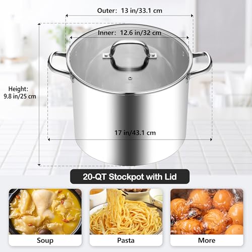 Homikit 20 Quart Soup Pot with Lid, Large Stainless Steel Stock Pot with Double Handles, Heavy Duty Cookware Induction Stockpot for Canning Steaming Simmering, Compatible All Cooktops, Dishwasher Safe