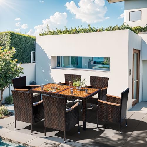 Shintenchi 7 Piece Patio Dining Set, Wicker Patio Conversation Set with Wooden Table Top, Outdoor Table and Chairs with Soft Cushions for Backyard, Deck and Garden, Brown Rattan