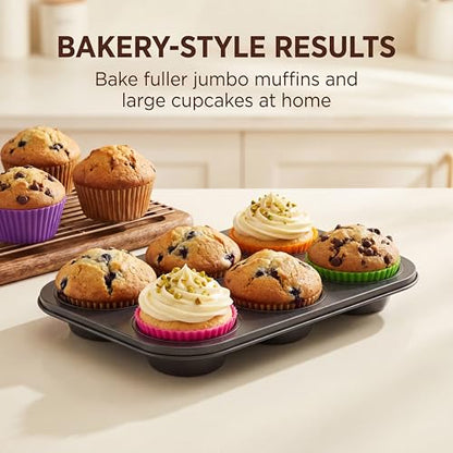 PIGOABZ 2 Pack Jumbo Muffin Pan, 6 Cup Nonstick Texas Muffin Pans with 12 Reusable Silicone Muffin Cups and 100 Paper Liners, Jumbo Cupcake Baking Pans for Large Muffins (X-Large)