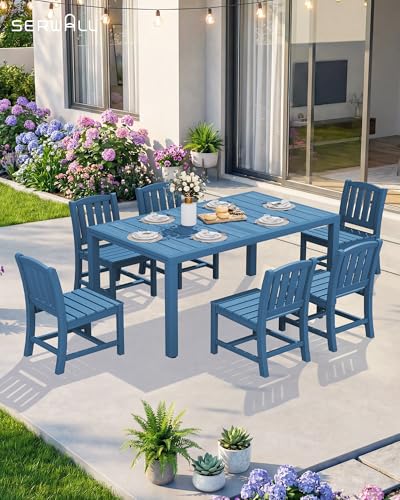 SERWALL 10-Piece Patio Dining Sets with 15FT Patio Umbrella, 60" - 83" Expandable Outdoor Dining Table and 8 HDPE Chairs, All Weather HDPE Outdoor Furniture Set, Blue (Umbreall Base not Included)