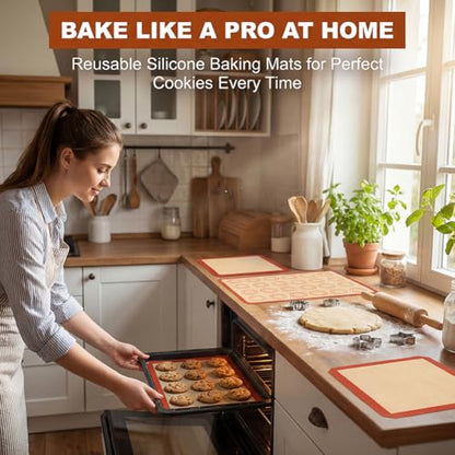 Silicone Baking Mat Set, Extra Thick Silicone Mats, 6-Pack Nonstick Baking Sheet Liners, Reusable Oven Mats, Heat Resistant -40°F to 446°F, Dishwasher Safe for Macarons, Cookies, Pizza, Bread
