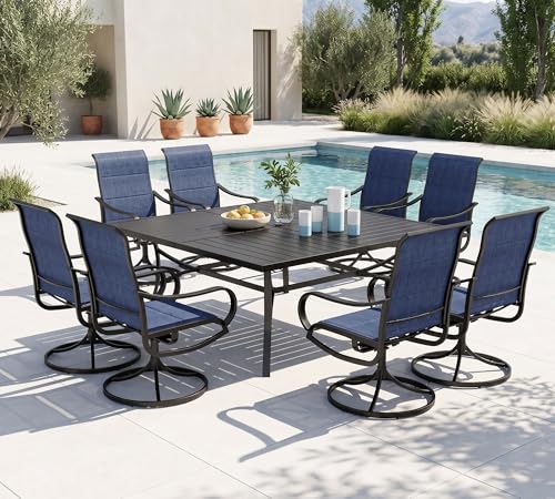 PHI VILLA 9 Pcs Outdoor Patio Dining Set, 8 Outdoor Padded Swivel Dining Chairs and Large Square Metal Dining Table, Outside Table and Chair Furniture Dining Set for 8 Person (Blue)