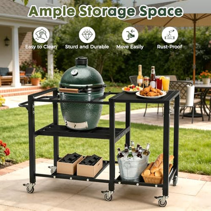 GVGBUK Outdoor Grill Table for Big Green Egg, Suitable for Various Sizes of Green Egg Nest Grill Racks,BBQ Cart with Lockable Wheels, Storage Rack Bottle Opener-Prep Cooking Station for Party, Black.