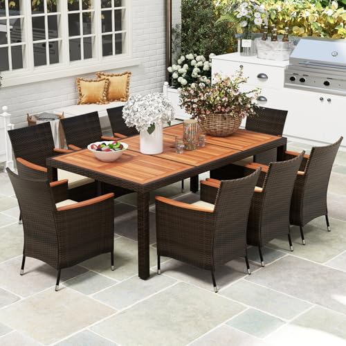 COSTWAY 9-Piece Patio Rattan Wicker Dining Set for 8 with Umbrella Hole