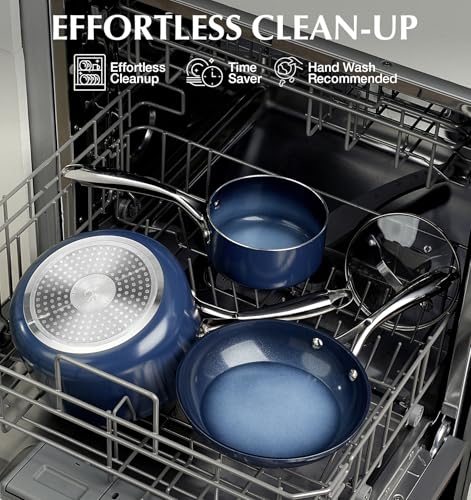 KOCH SYSTEME CS Nonstick Sauce Pan with Lid, 1 Quart Saucepan with Lid, 1 QT Nonstick Ceramic Small Sauce Pan with Stainless Steel Handle, Non-Toxic Ceramic Saucepan, Oven Safe, Gradient Blue