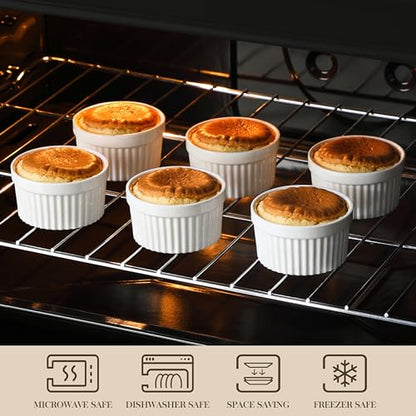 MALACASA Ramekins 4 oz Oven Safe, Porcelain Creme Brulee Ramekins Pudding Custard Cups Small Ceramic Souffle Dishes Ramakan Ramiken Ramicans Baking Bowls Set of 6, White, Series RAMEKIN-DISH