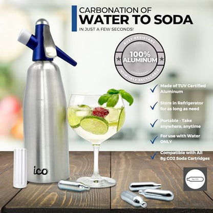 ICO Soda Siphon, Sparkling Water Maker, Soda Maker, Carbonated Water Machine for Fresh Soda Water, Cocktails, Hard Seltzers, Uses 8g C02 cartridges (Not Included), 1L/1 Pint