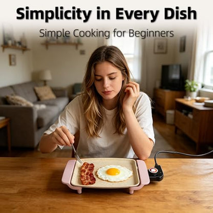 I-Keukenn Small Electric Griddle, 10 Inch Mini Ceramic Non-Stick Electric Skillet with Adjustable Thermostat, 1200W Single Serve Grill for Breakfast, Cooking for Pancakes, Eggs, Sausage, Pink