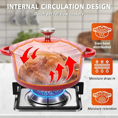 Hisencn Enameled Cast Iron Cookware Set - 7 Piece Dutch Ovens Set, Sauce Pan, Skillet, 3 Lids, Pots and Pans Set, Ceramic Coated Cast Iron, Heavy Duty, Gas/Induction Compatible, PFA Free, Rouge Red