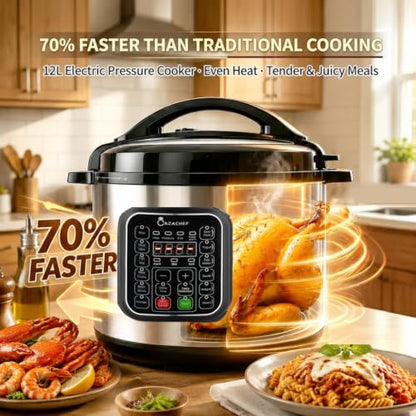 CAZACHEF 12L stainless steel Pressure Cooker | 24-hour Presetting electric rice cooker, 14 in 1 slow cooker with temperature control | LED Multifunction Steamer, Food Warmer with nonstick pot