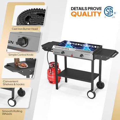 Bonnlo 2 Burner Propane Gas Burner with Auto Ignition, 150000 BTU Camping Stove with Storage Shelf and Rolling Wheels, Portable Outdoor Cooker for Patio Backyard Cooking Frying Boiling and Stewing