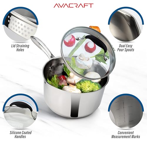 AVACRAFT Stainless Steel Saucepan with Glass Strainer Lid, Two Side Spouts for Easy Pour with Ergonomic Handle, Multipurpose Sauce Pot (5-Ply Capsule Bottom, 2.5 Quart)