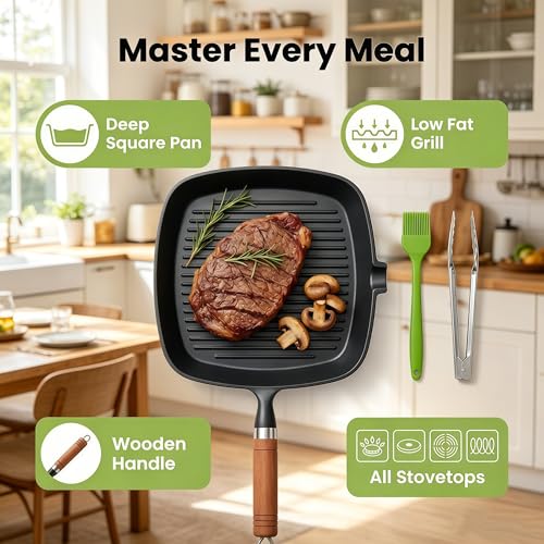 JSY Sun Cast Iron Grill Pan, 9 Inch Griddle Pan with Kitchen Tong & Oil Brush, Gilling Skillet with Pour Spout & Grill Lines for Searing Steak, Stove Tops Gas Induction Campfire Compatible, PFOA Free