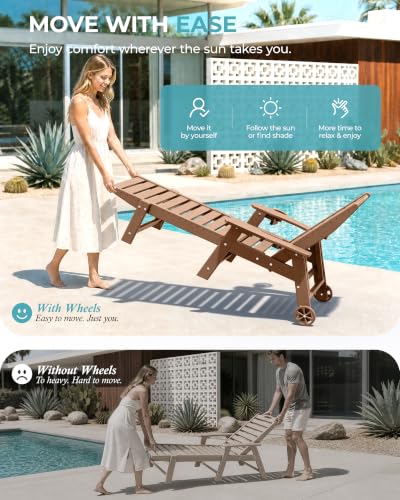 Ciokea Outdoor Chaise Lounge Chair Set of 2, Patio Lounge Chairs for Outside, HDPE Lounge Chair with Wheels & Cup Holder, Poly Chair with 5 Position for Poolside, Deck, Brown