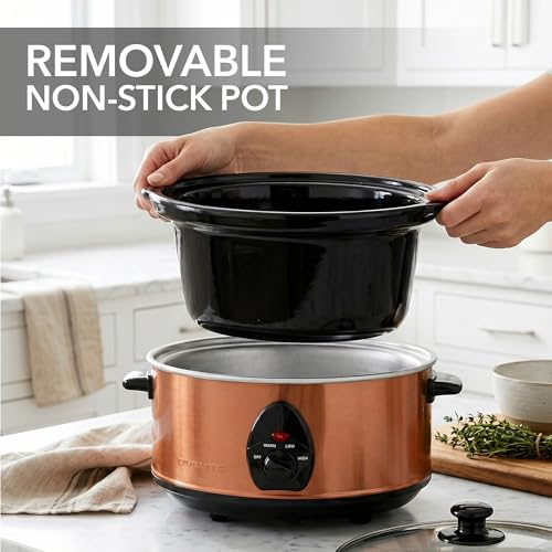OVENTE Electric Slow Cooker with 3 Cooking Settings, Non-Stick and Dishwasher Safe Stoneware, Stainless Steel Body, Glass Lid, 3.7 Qt Oval Pot for Entrees, Soups, Sauces, Stews & Dips, Copper SLO35ACO