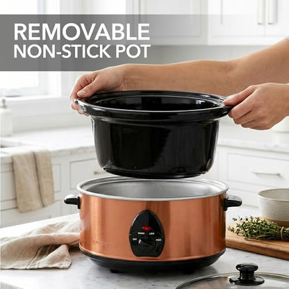 OVENTE Electric Slow Cooker with 3 Cooking Settings, Non-Stick and Dishwasher Safe Stoneware, Stainless Steel Body, Glass Lid, 3.7 Qt Oval Pot for Entrees, Soups, Sauces, Stews & Dips, Copper SLO35ACO