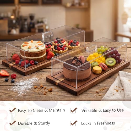 Mifoci 2 Pack Acacia Wood Cake Stand Serving Tray with Acrylic Lid, 15 x 6 x 4 Inches Charcuterie Table Display Set, Dessert Serving Tray Set for Bakery, Buffet, Home Party & Restaurant