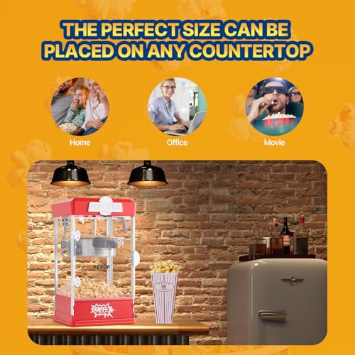 VEVOR Popcorn Maker, 480W Popcorn Popper Machine, 4 Oz Kettle Makes 1.5 Gallon per Batch, Tabletop Popcorn Maker, Includes 3 Scoops, Movie Theater Style, Red