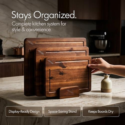 Xushro Acacia Wood Cutting Board Set of 3 with Stand - Thick Wooden Chopping Boards with Deep Juice Grooves - Non-Slip & Durable Wooden Boards for Meat & Vegetables (16x12, 14x10, 12x8) - Walnut