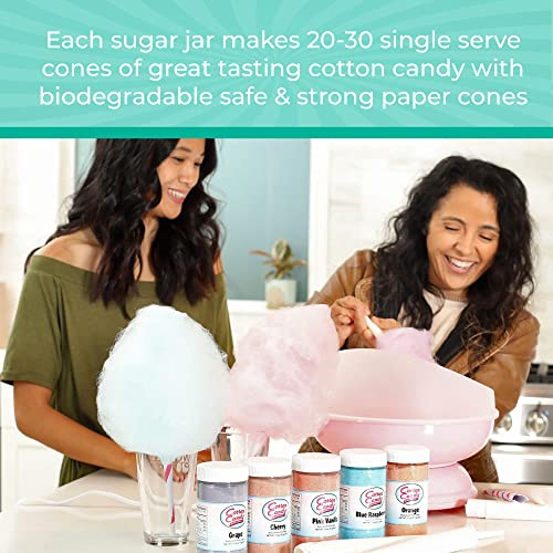 Cotton Candy Express BB1000-S Cotton Candy Machine, with 5-11oz. Jars of Cherry, Grape, Blue Raspberry, Orange, Pink Vanilla Floss Sugar & 50 Paper Cones Easy to Use and Clean