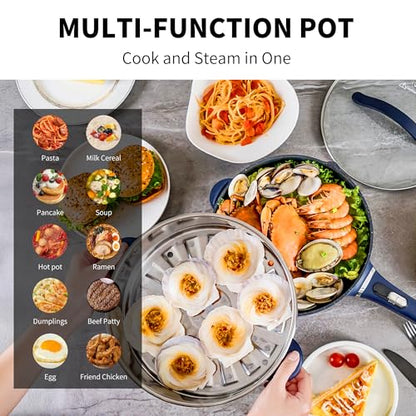 AUTUCU 3-Quart Electric Hot Pot & wok Nonstick with Steamer | Electric Skillet 1200W for Dorm, Home, Gifts (Includes Silicone Spatula) Multi-Cooker