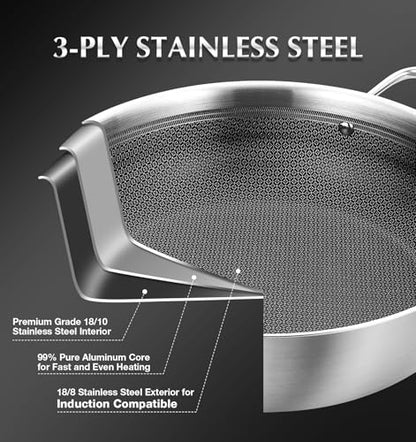 KOCH SYSTEME CS Triply Stainless Steel Saute Pan 12 Inch, Nonstick Hybird Stainless Steel Saute Pan with Lid, 6 Quart Deep Frying Pan with Honeycomb Interior, 18/10 Steel Pans, Induction Compatible