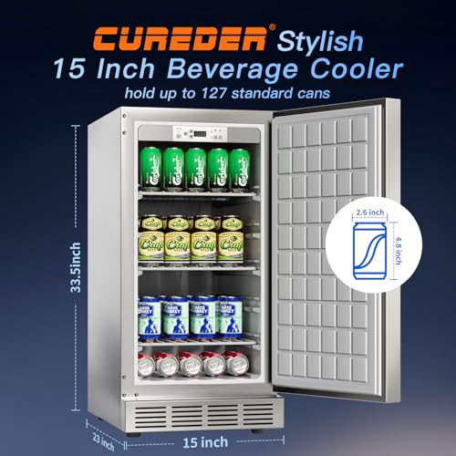 cureder 15 Inch Outdoor Refrigerator, Weather Proof Stainless Steel Beverage Beer Cooler Under Counter Fridge, Indoor/Outdoor Refrigerator with 3 Shelves for Patio Kitchen and Commercial Use