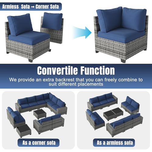 Aoxun 12 Pieces Patio Furniture Set Wicker Rattan Outdoor Sectional Conversation Set with Coffee Table and 4” Thickened Cushions, Gray Blue(Waterproof Cover Included)